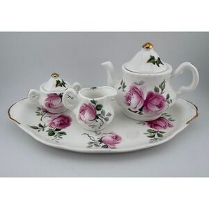 Vintage Crown Victorian Childs Small Bone China Tea Set Creamer Sugar Pot & Tray